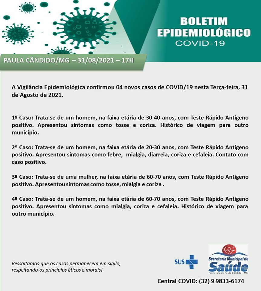 Notícias Prefeitura Municipal de Paula Cândido - 04 novos casos de Covid-19 são registrados em Paula Cândido