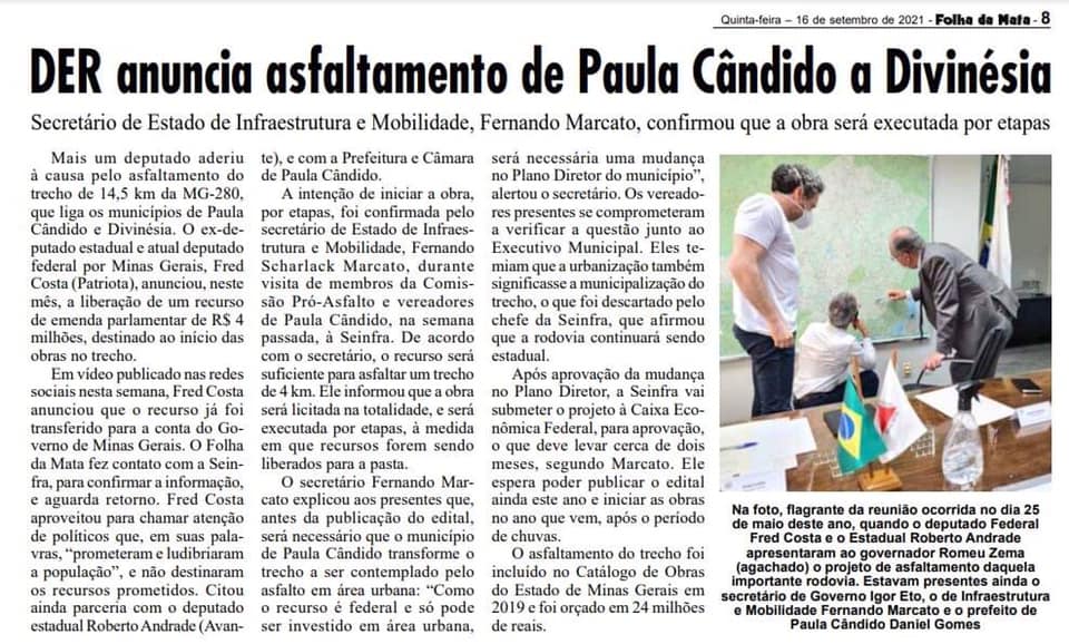 Notícias Prefeitura Municipal de Paula Cândido - DER anuncia asfaltamento de Paula Cândido a Divinésia