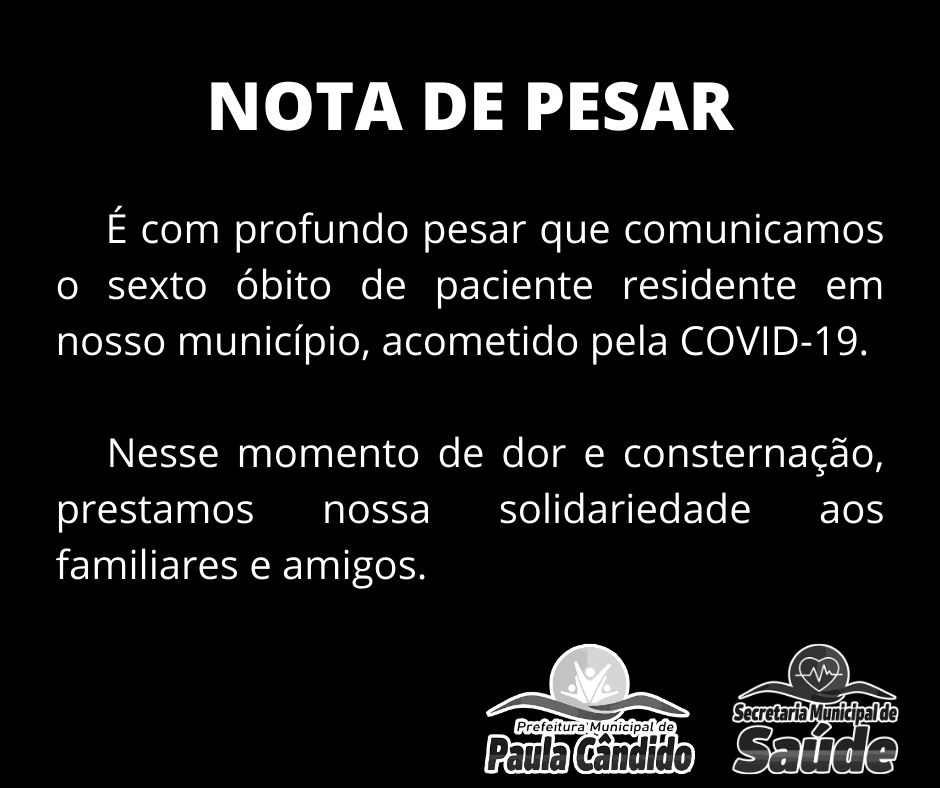 Notícias Prefeitura Municipal de Paula Cândido - Paula Cândido registra  mais 01 morte acometida por Covid-19. Mais 02 casos foram confirmados