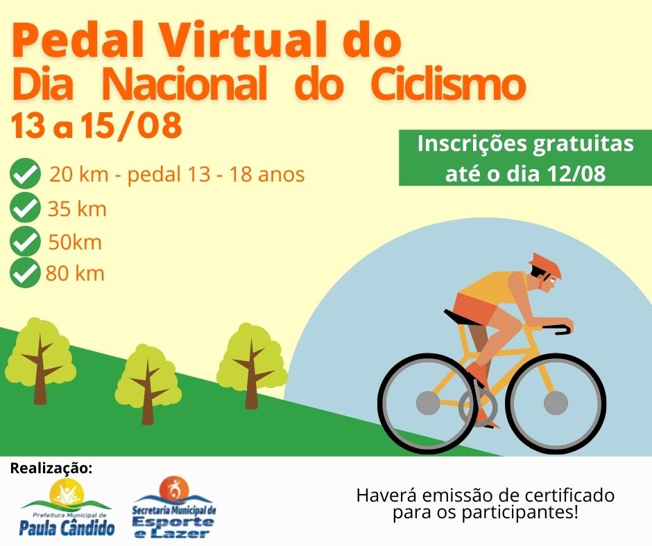 Notícias Prefeitura Municipal de Paula Cândido - Pedal Virtual em comemoração ao Dia Nacional do Ciclismo tem inscrições abertas em Paula Cândido