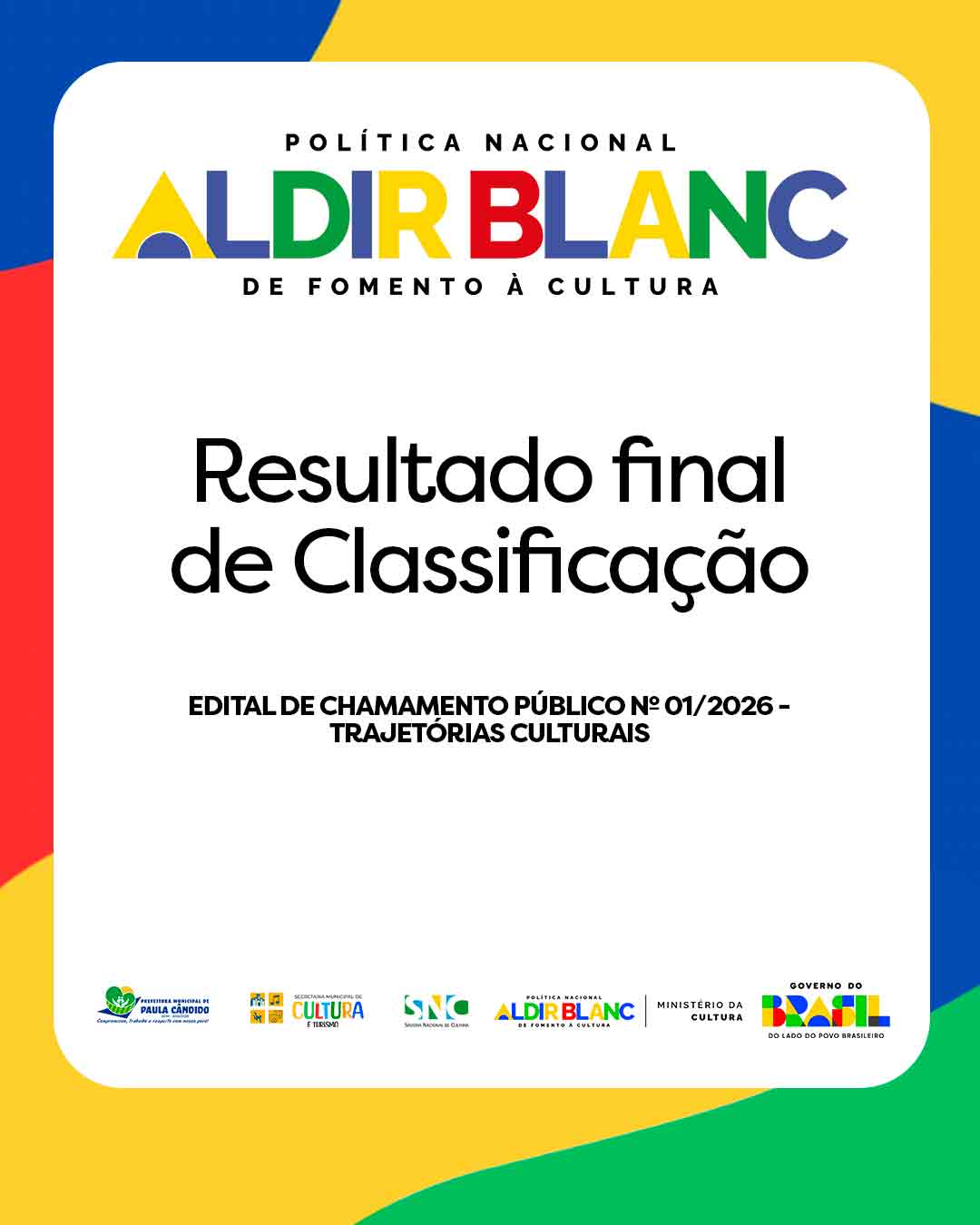 RESULTADO FINAL DE CLASSIFICAÇÃO   EDITAL DE CHAMAMENTO PÚBLICO Nº 01/2026 -TRAJETÓRIAS CULTURAIS 